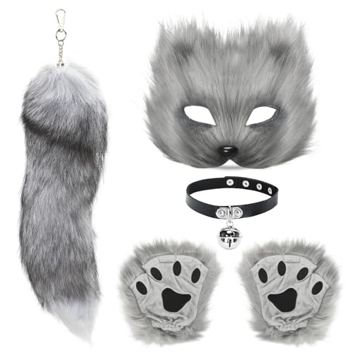 ZONGHUN Therian Maske und Schwanz Set, Katzenmaske für Mädchen, Halloween, pelziger Fuchs, Wolfsschwanz, Katzenkostüm, Leder, Halsband, Kunstfell, Cosplay, Party (grau) von ZONGHUN
