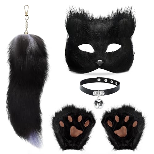 ZONGHUN Therian Maske und Schwanz Set Katzenmaske für Mädchen, Halloween, pelziger Fuchs, Wolfsschwanz, Katzenkostüm, Leder, Halsband, Kunstfell, Cosplay, Party, Schwarz von ZONGHUN