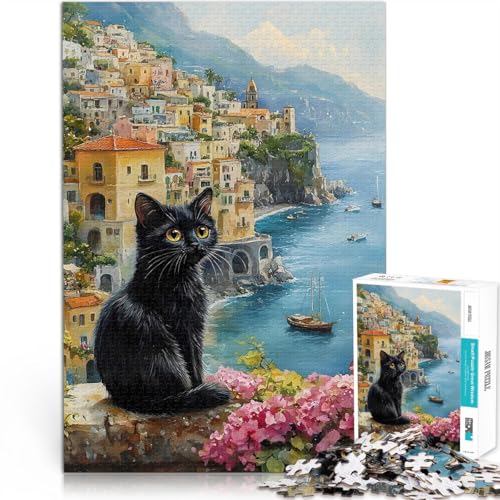 Puzzle 1000 Teile für Erwachsene Schwarze Katze am Meer Aus Holz Geeignet für Personen ab 14 Jahren Spielspielzeug Als Geschenk für die ganze Familie und Freunde。Größe：50x75cm von ZONGJX
