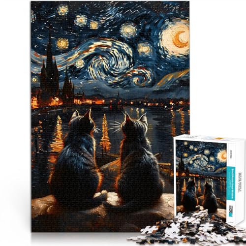Puzzle für Erwachsene 2000 Teile Katzen und die sternenklare Nacht Aus Karton für Kinder ab 14 Jahren Anti-Stress-Familienspiel schwierige Herausforderung Geschenkideen。Größe：70x100cm/27.5x39.3Zoll von ZONGJX