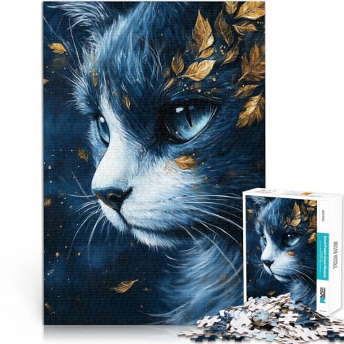 für Erwachsene Puzzles 1000 Teile Puzzles Blaue Katze mit goldenen Blättern Aus Karton für und ab 14 Jahren Herausforderndes Spiel Spiele Spielzeug Geschenk。Größe：38x52cm/14.9x20.4Zoll von ZONGJX