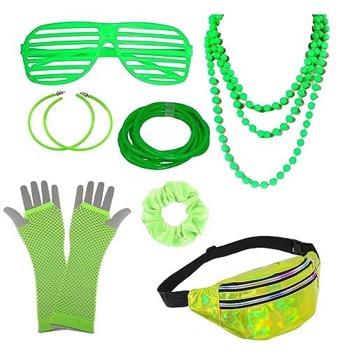 ZOOMPIL 80 Jahre Kostüm Zubehör Set, 80er Jahre Accessoires, Inklusive Netzhandschuhe, Bauchtasche, Brille, Stirnband, Armband, Blitz-Ohrringe, Halskette, für Karneval, Fasching, Grün ZOOMPIL 80 Jahre Kostüm Zubehör Set, 80er Jahre Accessoires, Inklusive Netzhandschuhe, Bauchtasche, Brille, Stirnband, Armband, Blitz-Ohrringe, Halskette, für Karneval, Fasching, Grün von ZOOMPIL