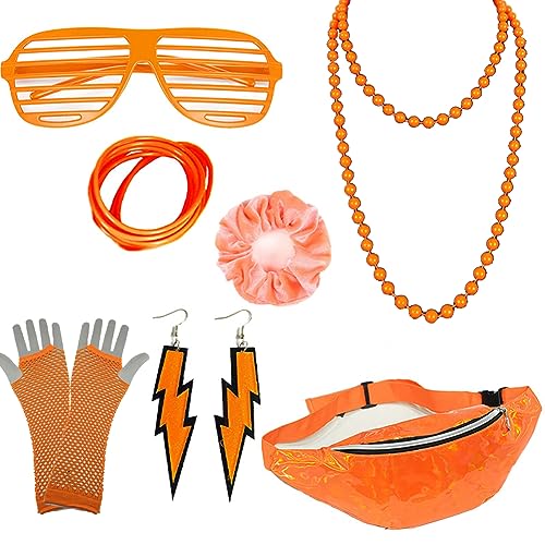 ZOOMPIL 80 Jahre Kostüm Zubehör Set, 80er Jahre Accessoires, Inklusive Netzhandschuhe, Bauchtasche, Brille, Stirnband, Armband, Blitz-Ohrringe, Halskette, für Karneval, Fasching, Orange ZOOMPIL 80 Jahre Kostüm Zubehör Set, 80er Jahre Accessoires, Inklusive Netzhandschuhe, Bauchtasche, Brille, Stirnband, Armband, Blitz-Ohrringe, Halskette, für Karneval, Fasching, Orange von ZOOMPIL