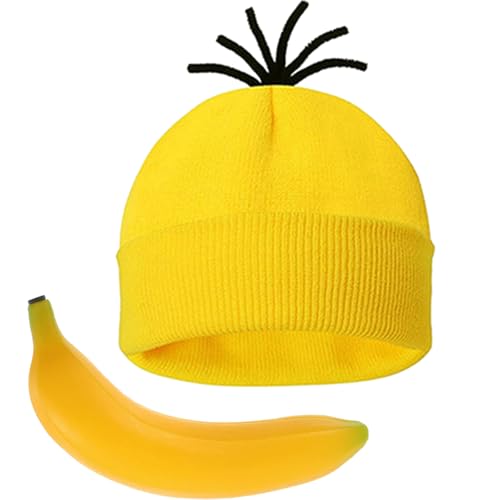 ZOOMPIL Gelb Strickmütze für Erwachsene, Gelbe Beanie Hüte und Bananen-Requisiten, Gelbes Kostümzubehör für Erwachsene, Partykostüme für Halloween, Cosplay, Partyzubehör von ZOOMPIL
