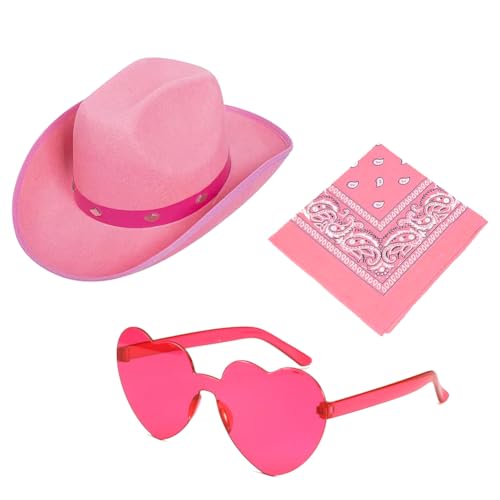 ZOOMPIL Pinker cowboyhut, Besetzter rosa Cowboyhut, Cowboy Hut für Damen, 3pcs mit Herz Brille und Rosa Bandana, Party Halloween Weihnachten Cosplay Kostümzubehör von ZOOMPIL