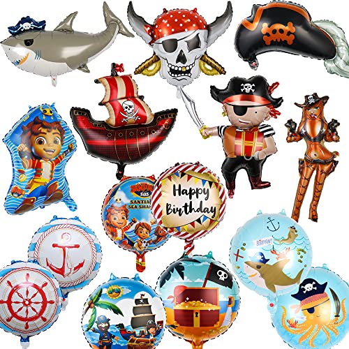 ZOOMPIL Piratenschiff Ballon, 15pcs Piraten Schiffs Ballons, Mit Skelett, Haifisch, Piratenfiguren, Ozean Tieremuster, Geburtstag Luftballons für Party Dekoration Ballon für Boys Girls Geburtstag von ZOOMPIL