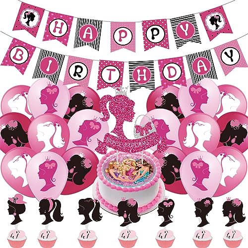 ZOOMPIL Puppe Party Geburtstag Deko Rosa Girl, 44pcs Mädchen Geburtstags Dekorationen, Umfassen Luftballons, Banner, Cake Topper, für Mädchen Geburtstag Party von ZOOMPIL