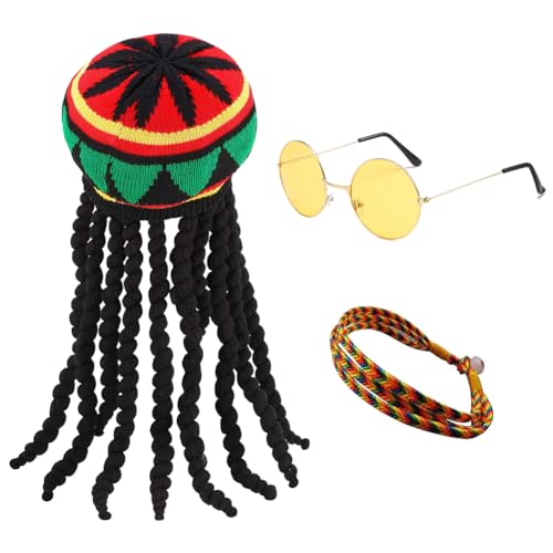 ZOOMPIL Rasta Mütze, Mütze Rasta Dreadlocks, Jamaica Mütze, mit Runde Brille und geflochtenes Armband, Mehrfarbig, Jamaica, Maskerade-Kostümzubehör für Partys, Cosplay, 3 Stück ZOOMPIL Rasta Mütze, Mütze Rasta Dreadlocks, Jamaica Mütze, mit Runde Brille und geflochtenes Armband, Mehrfarbig, Jamaica, Maskerade-Kostümzubehör für Partys, Cosplay, 3 Stück von ZOOMPIL