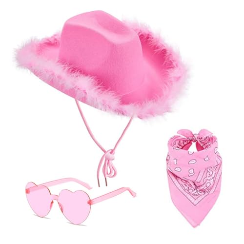 ZOOMPIL Rosa Cowboyhut, Cowboy Hut für Damen, Filz Cowboyhut, mit Herz Brille, Rosa Bandana, Cosplay Party Halloween Karneval Kostüm Zubehör, 3 Stück ZOOMPIL Rosa Cowboyhut, Cowboy Hut für Damen, Filz Cowboyhut, mit Herz Brille, Rosa Bandana, Cosplay Party Halloween Karneval Kostüm Zubehör, 3 Stück von ZOOMPIL