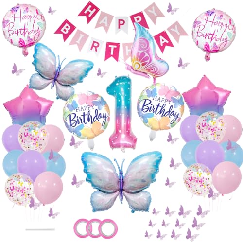 ZOOMPIL Schmetterlings Folienballon, 46pcs Stern Folienballon, Schmetterling Ballon Geburtstagsdeko, 1. Geburtstag für Schmetterling Themen Party Geburtstag Baby Shower Mädchen Dekoration von ZOOMPIL