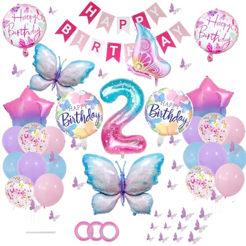 ZOOMPIL Schmetterlings Folienballon, 46pcs Stern Folienballon, Schmetterling Ballon Geburtstagsdeko, 2. Geburtstag für Schmetterling Themen Party Geburtstag Baby Shower Mädchen Dekoration von ZOOMPIL