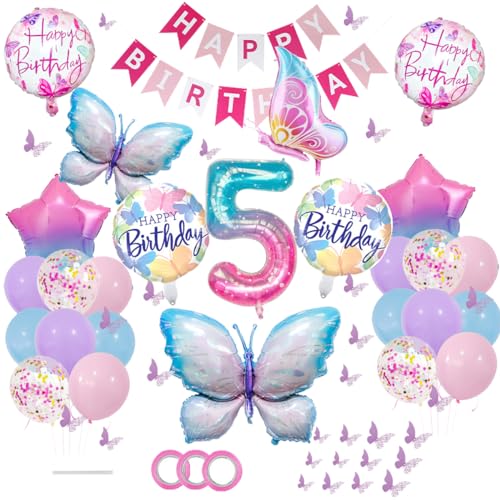 ZOOMPIL Schmetterlings Folienballon, 46pcs Stern Folienballon, Schmetterling Ballon Geburtstagsdeko, 5. Geburtstag für Schmetterling Themen Party Geburtstag Baby Shower Mädchen Dekoration von ZOOMPIL