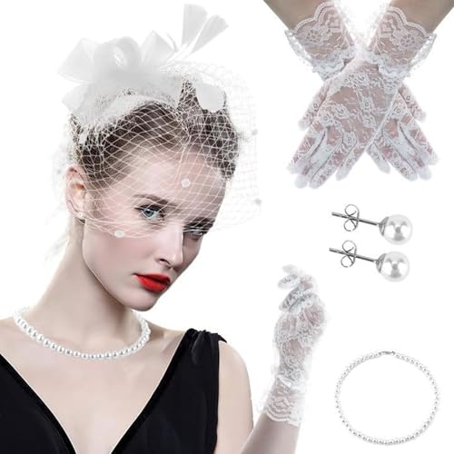 Vintage Flapper Kopfbedeckung für Cocktails Party mit Handschuhen und Ohrsteckern, weiblicher Netz-Fascinator, Kopfschmuck für formelle Anlässe, Cosplay-Zubehör von ZORESCOLEO