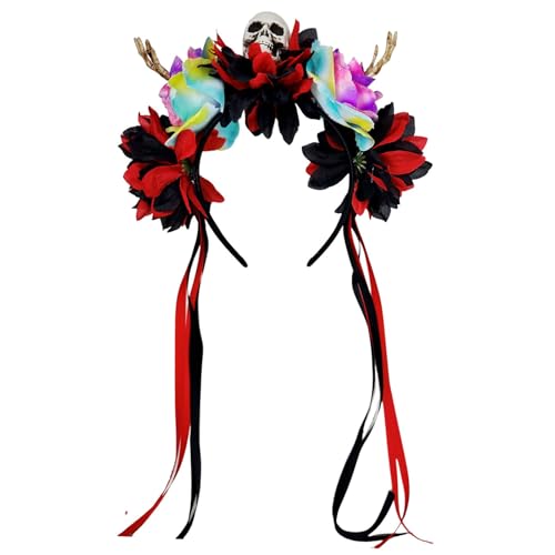 ZORESCOLEO Haarreif mit floralem Totenkopf, elastisch, bequem, Halloween-Party, Haarschmuck für Erwachsene, Teenager, Unisex, Kostüm-Dekoration, buntes Blumenschädel-Haarband von ZORESCOLEO