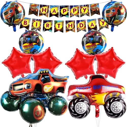 Cars Geburtstagsdeko Jungen,Monster Truck Geburtstag Deko,mit 2 Cars Luftballons,4 Rot Stern Folienballons + 4 Runden Auto Folienballons,Happy Birthday Banner (Rot) von ZORTORZ