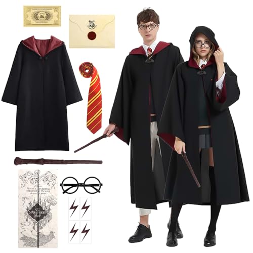 ZORTORZ 8-teiliges Magier Kostüm Set, Erwachsene, Unisex, Schwarz, Cosplay, Karneval, Halloween, Maskerade, Zauberer Robe, Zauberstab, Zubehör von ZORTORZ