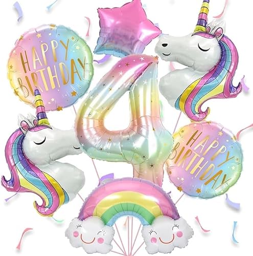 Luftballon Einhorn 4 jahre, 7pcs Luftballons Geburtstag 4 Regenbogen, Luftballons Geburtstag Mädchen 4, Geburtstagsdekoration für 4-Jährige Mädchen von ZOSIGN