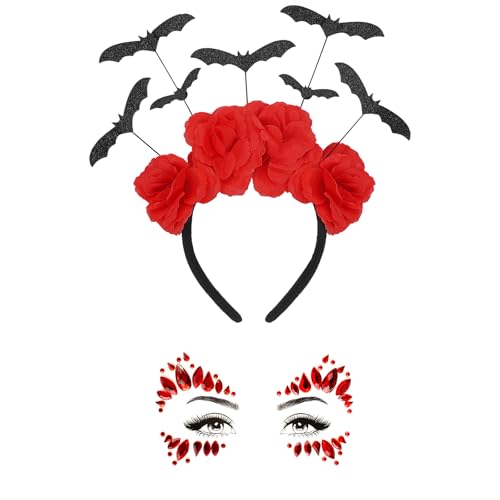ZOSIGN Fledermaus Haarband, 2pcs Halloween Kopfschmuck, Glitzer Tattoos Gesicht, Fledermaus Haarreif, Gesichtsaufkleber, Halloween Accessoires, Damen-Kostümzubehör für Halloween-Karneval-Cosplay(Rot ZOSIGN Fledermaus Haarband, 2pcs Halloween Kopfschmuck, Glitzer Tattoos Gesicht, Fledermaus Haarreif, Gesichtsaufkleber, Halloween Accessoires, Damen-Kostümzubehör für Halloween-Karneval-Cosplay(Rot von ZOSIGN