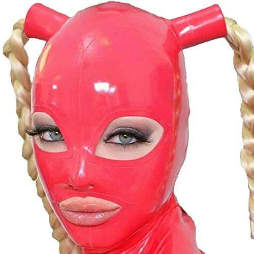 ZOUTYI Latex Haube Mit Blond Pferdeschwanz Perücken Schöne Mädchen Kopfbedeckungen Gummi Maske Halloween Kostüme Für Frauen,Rot,S von ZOUTYI