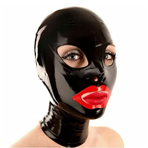 ZOUTYI Latex Haube Mit Roten Lippen Zurück Zipper Gummi Maske Cosplay Maske,Schwarz,M von ZOUTYI