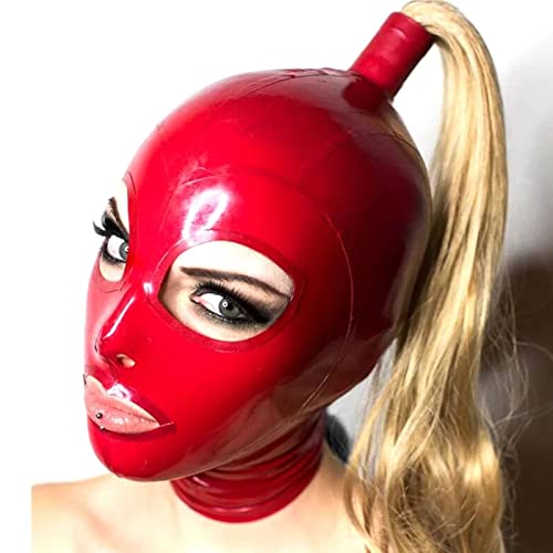ZOUTYI Sexy Exotische Maske Handgemachte Roten Latex Hauben Mit Blond Perücke Tress Pferdeschwanz Club Wear Fetisch Kostüme Costomize Größe XS-XL,Rot,L von ZOUTYI