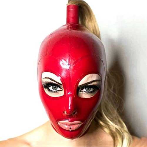 ZOUTYI Sexy Exotische Maske Handgemachte Roten Latex Hauben Mit Blond Perücke Tress Pferdeschwanz Club Wear Fetisch Kostüme Größe XS-XXL,Rot,L von ZOUTYI