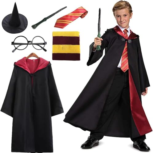 ZOYDP Zauberer Kostüm für Kinder, 6-Teiliges Harry Potter Set Mit Magier Robe, Hut, Schal, Zauberstab, Brille, Umhang für Jungen Mädchen Karneval Cosplay von ZOYDP