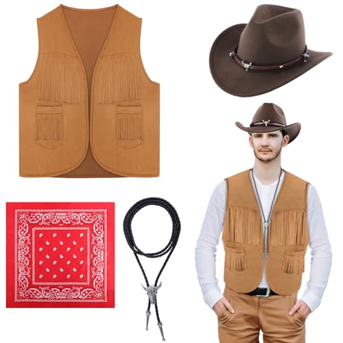 ZPEGeigy Western-Outfits für Herren, Cowboy-Quaste, Weste, Hut, Western-Bolo-Krawatte, Paisleymuster, Bandana, für Halloween, Cosplay, Kostüm, 4 Stück, Braun, XXL ZPEGeigy Western-Outfits für Herren, Cowboy-Quaste, Weste, Hut, Western-Bolo-Krawatte, Paisleymuster, Bandana, für Halloween, Cosplay, Kostüm, 4 Stück, Braun, XXL von ZPEGeigy