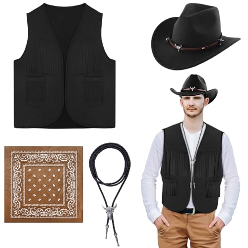 ZPEGeigy Western-Outfits für Herren, Cowboy-Quaste, Weste, Hut, Western-Bolo-Krawatte, Paisleymuster, Bandana, für Halloween, Cosplay, Kostüm, 4 Stück, Schwarz, L ZPEGeigy Western-Outfits für Herren, Cowboy-Quaste, Weste, Hut, Western-Bolo-Krawatte, Paisleymuster, Bandana, für Halloween, Cosplay, Kostüm, 4 Stück, Schwarz, L von ZPEGeigy