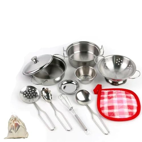 ZPZGOG 11PCS Küche Lebensmittel Kochen Zubehör,Edelstahl Pretend Kochutensilien Kochgeschirr Set Spielzeug Montessori Küche,Topf Sets für Kinder,Kleinkind Töpfe und Pfannen Spielzeug für Kind von ZPZGOG