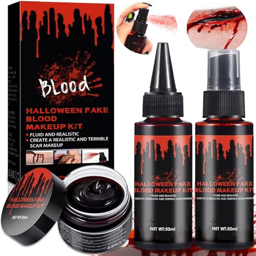 ZQEJEFD Halloween Kunstblut Fake Blood Kit, 3er Set Kunstblut Spray + Tropfendes Kunstblut + Geronnenes Blutplasma, Halloween Waschbar Kunstblut Make-up für Kleidung, Zombie, Vampir Cosplay Dress Up ZQEJEFD Halloween Kunstblut Fake Blood Kit, 3er Set Kunstblut Spray + Tropfendes Kunstblut + Geronnenes Blutplasma, Halloween Waschbar Kunstblut Make-up für Kleidung, Zombie, Vampir Cosplay Dress Up von ZQEJEFD