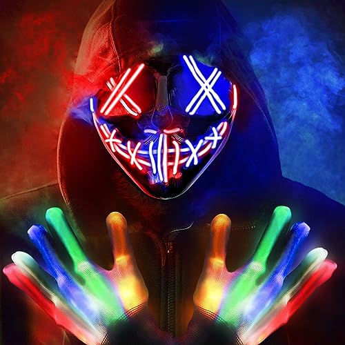 ZQEJEFD Halloween Maske, LED Party Leuchtmaske mit 3 Beleuchtungsmodi, LED Maske Leuchtende Handschuhe-Set für Fasching Halloween Fasching Festival Cosplay und Partys von ZQEJEFD