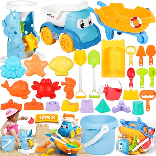 ZQEJEFD Sandspielzeug, 30 Stück Strandspielzeug Kinder, Strand Sandspielzeug Set mit Wasserrad,Eimer, Sandförmchen,Sandschaufel,Netzbeutel,Sandkasten Spielzeug für Kinder 1 2 3 Jahre (Zufällige Farbe) von ZQEJEFD