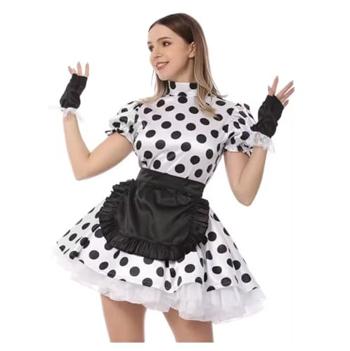 ZQIAOYUUPHOWF Männer Und Frauen Maid Sissy Lockable Satin Black Spotted Fluffy Edge Maid Cosplay Kostüm Lolita,Männer,Xs von ZQIAOYUUPHOWF