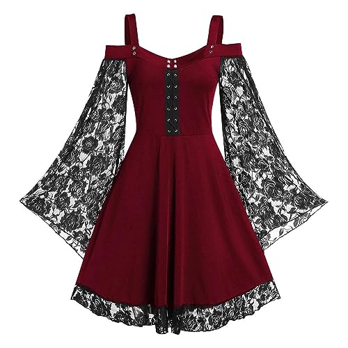 ZRYAZQ Gothic Kleidung Damen Kleid Große Größen Renaissance Halblang Gothic Kleid Damen Steampunk Spitze Ärmel Mittelalter Kostüm Frauen für Halloween Karneval Faschingskostüme Partykleid Mittelalter von ZRYAZQ