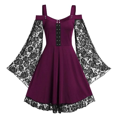 ZRYAZQ Gothic Kleidung Damen Kleid Große Größen Renaissance Halblang Gothic Kleid Damen Steampunk Spitze Ärmel Mittelalter Kostüm Frauen für Halloween Karneval Faschingskostüme Partykleid Mittelalter von ZRYAZQ