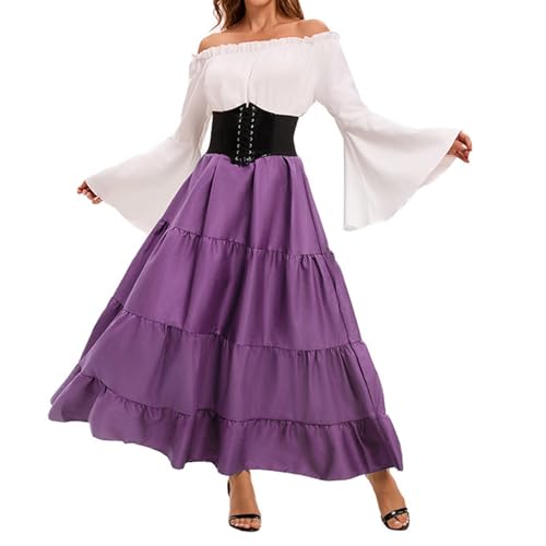 ZRYAZQ Mittelalter Damen Kleidung Lang Kleid Renaissance Halloween Mittelalter Kleid Damen Elegant Korsett Schulterfrei Halloween Kostüm Frauen Maxikleid Langarm Faschingskostüme Karneval Kostüm von ZRYAZQ