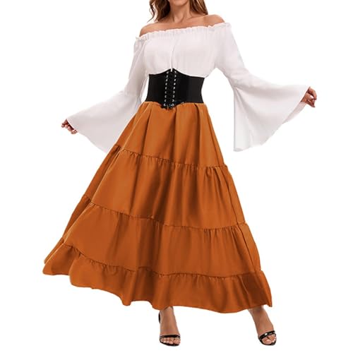 ZRYAZQ Mittelalter Damen Kleidung Lang Kleid Renaissance Halloween Mittelalter Kleid Damen Elegant Korsett Schulterfrei Halloween Kostüm Frauen Maxikleid Langarm Faschingskostüme Karneval Kostüm von ZRYAZQ