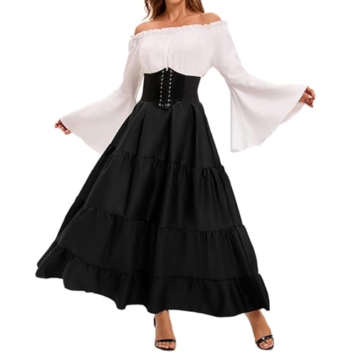ZRYAZQ Mittelalter Damen Kleidung Lang Kleid Renaissance Halloween Mittelalter Kleid Damen Elegant Korsett Schulterfrei Halloween Kostüm Frauen Maxikleid Langarm Faschingskostüme Karneval Kostüm von ZRYAZQ