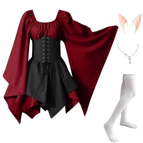 ZRYAZQ Mittelalter Kleidung Damen Kleid Renaissance Halloween Kostüm Damen Gothic Kleid Korsett Faschingskostüme Halloween Karneval Kostüm Cosplay Set mit Elfenohren Halsketten und Overknee Socken von ZRYAZQ