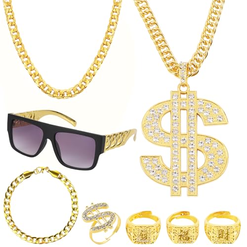 8 Stück Zuhälter Kostüm Set, 80/90 Jahre Hip Hop Anziehen, Rapper Kostüm, Metall Vergoldet Große Goldkette, Chinesische Zeichen Ring Geeignet, Dollar Symbol Ring für Karneval Fasching Mottoparty 8 Stück Zuhälter Kostüm Set, 80/90 Jahre Hip Hop Anziehen, Rapper Kostüm, Metall Vergoldet Große Goldkette, Chinesische Zeichen Ring Geeignet, Dollar Symbol Ring für Karneval Fasching Mottoparty von ZSJMY