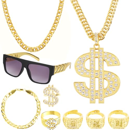 9 Stück Zuhälter Kostüm Set, 80/90 Jahre Hip Hop Anziehen, Rapper Kostüm, Metall Vergoldet Große Goldkette, Chinesische Zeichen Ring Geeignet, Dollar Symbol Ring für Karneval Fasching Mottoparty von ZSJMY