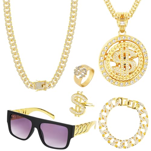 ZSJMY 6 Stück Zuhälter Kostüm Set, 80/90 Jahre Hip Hop Anziehen, Rapper Kostüm, Metall Vergoldet Große Goldkette, Drehbarer US-Dollar Anhänger, Dollar Symbol Ring für Karneval Fasching Mottoparty von ZSJMY