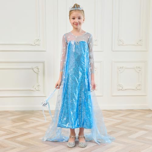 ZSJMY Elsa Princess Costume, Children's Dress Set with Crown Tiara, Wand, Braid, for Girls Halloween Christmas Fancy Dress Carnival Party, Create the perfect fairytale look (140) von ZSJMY