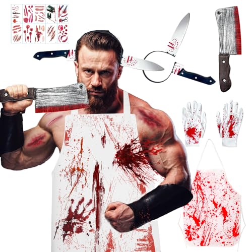 ZSOPN Schlächter Kostüm,Halloween Kostüm Herren,Metzger Kostüm Herren & Damen,Metzgerschürze mit Messer Halloween Axt Im Kopf und 10 Stück Narben Tattoos von ZSOPN