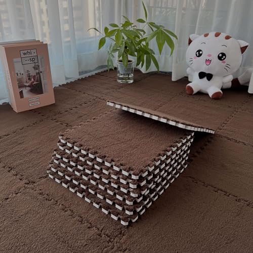 12 Stück Ineinandergreifende Plüsch-Schaumstoffmatte, 30 x 30cm Wohnzimmer-Schlafzimmer-Teppichfliesen, Zusammensteckbare Schaumstoff-Bodenfliesen Für Spielz (Kaffeebraun, 30cm*30cm*1.25cm) von ZSRedHong