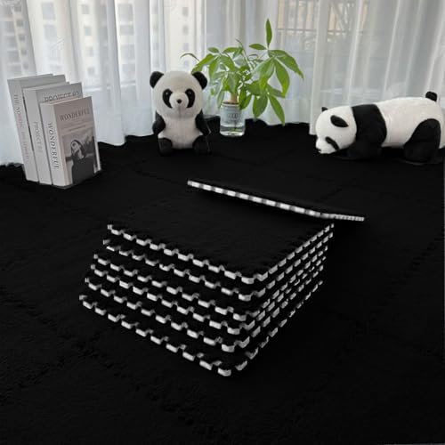 12 Stück Ineinandergreifende Plüsch-Schaumstoffmatte, Wohnzimmer-Schlafzimmer-Teppichfliesen, Zusammensteckbare Schaumstoff-Bodenfliesen Für Spielz (Schwarz, 30cm*30cm*1.25cm) von ZSRedHong