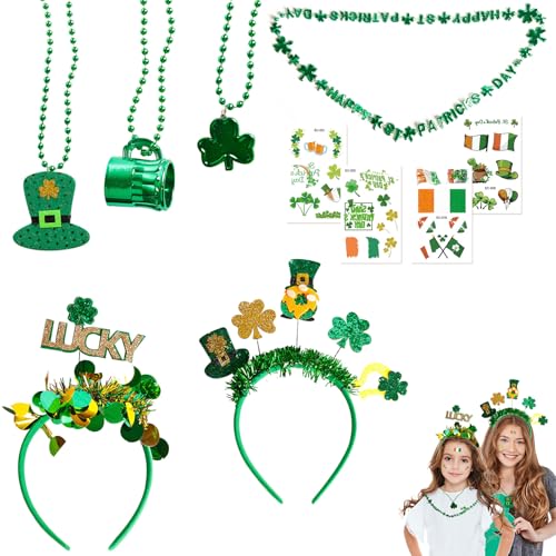 St. Patricks Day Zubehör Set St. Patrick's Day Party Dekorationen Irland St. Patricks Day Stirnband Halsketten Tattoos Grünes Kleeblatt Outfits Kostüm Zubehör Foto Requisiten für irische Party Dekor von ZSYIULIA
