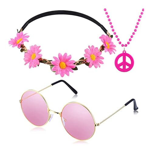 ZSYTF Hippie Kostüm Set Beinhaltet Eine Sonnenbrille Ein Stirnband Eine Halskette Mit Friedenszeichen Und Einen Ohrring. Vintage Kostüm Hippie Sonnenbrille von ZSYTF