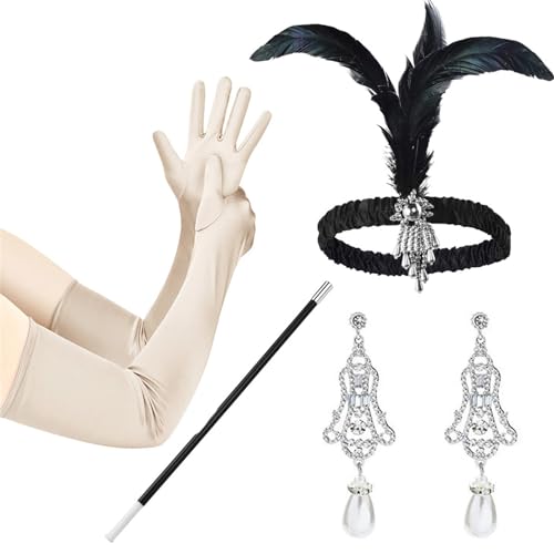 ZSYTF Vintage Flapper Kostüm 1920er Jahre Damen GreatGatsby Federn Stirnband Handschuhe Ohrringe Maskerade Partyzubehör 1920er Jahre Cosplay Kostüm Set von ZSYTF